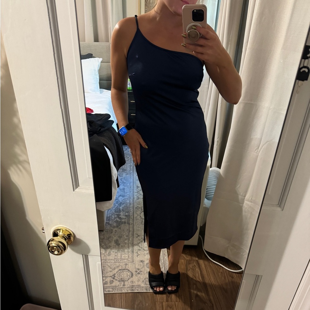 Navy Satin One Shoulder Dress